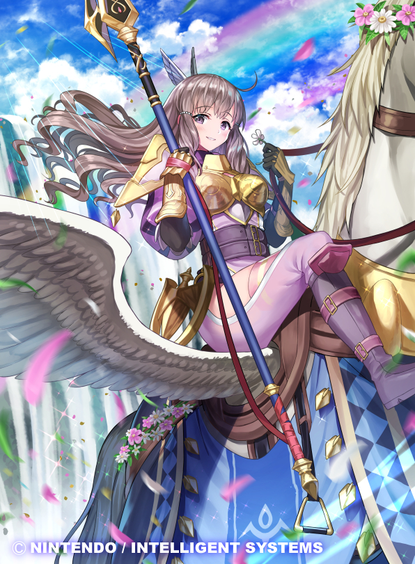 1girl arm_guards armor blue_sky blush breastplate brown_hair clouds cloudy_sky commentary_request company_name copyright_name day fire_emblem fire_emblem_awakening fire_emblem_cipher flower gloves hair_ornament holding holding_weapon kousei_horiguchi long_hair long_sleeves official_art outdoors parted_lips pegasus pegasus_knight petals polearm puffy_sleeves rainbow shoulder_armor shoulder_pads sky smile sparkle spear striped sumia vertical_stripes violet_eyes weapon wings