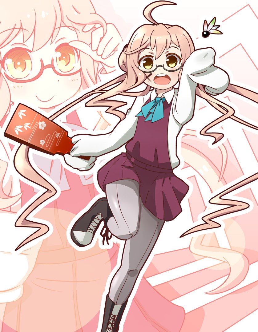 1girl ahoge boots bow bowtie cross-laced_footwear double_bun facepaint glasses grey_legwear gudon_(iukhzl) hagoita halterneck hanetsuki kantai_collection lace-up_boots long_sleeves makigumo_(kantai_collection) paddle pantyhose pink_hair school_uniform shirt sleeves_past_fingers sleeves_past_wrists solo twintails white_shirt zoom_layer