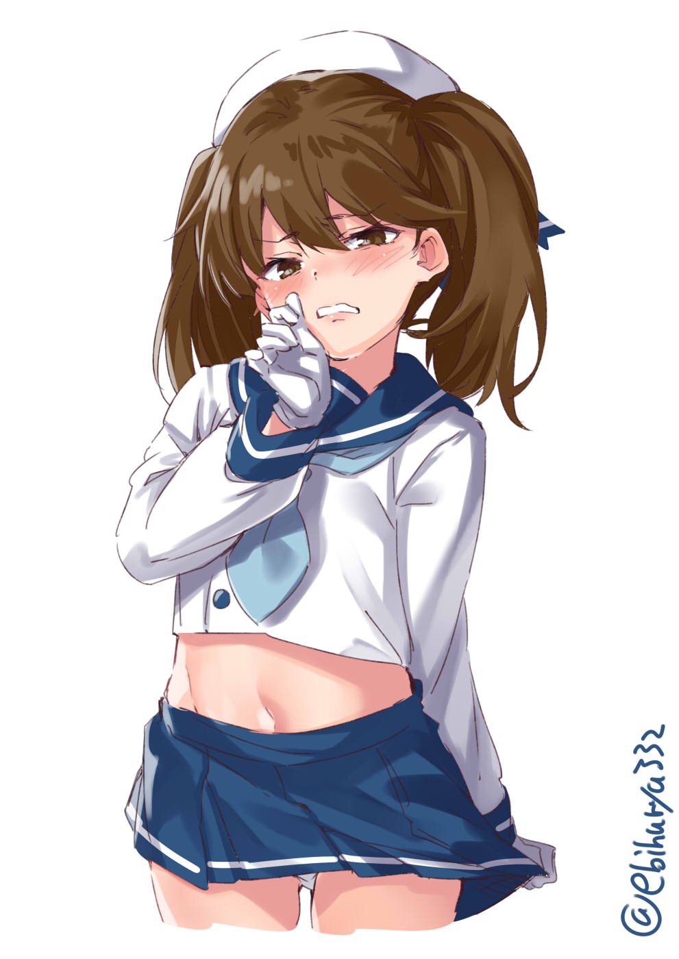 1girl bangs blue_neckwear blue_ribbon blue_sailor_collar blue_skirt blush breasts brown_eyes brown_hair buttons cosplay cowboy_shot ebifurya etorofu_(kantai_collection) etorofu_(kantai_collection)_(cosplay) gloves hair_between_eyes hat highres kantai_collection long_sleeves looking_at_viewer nose_blush open_mouth panties pleated_skirt ribbon ryuujou_(kantai_collection) sailor_collar sailor_hat school_uniform serafuku skirt skirt_pull small_breasts solo twintails undersized_clothes underwear wavy_mouth white_gloves white_headwear white_panties