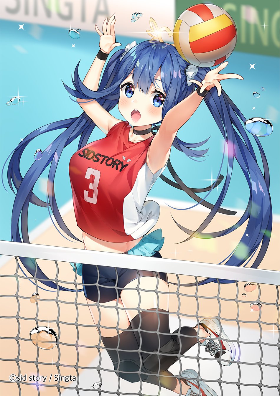 1girl :o armpits arms_up ayamy bare_shoulders black_legwear black_shorts blue_eyes blue_hair blurry blurry_background breasts bubble choker clothes_writing commentary_request depth_of_field glint hair_ornament highres knee_pads long_hair looking_at_viewer medium_breasts midriff official_art open_mouth red_shirt shirt shoes short_shorts shorts sid_story sleeveless sleeveless_shirt sneakers solo sweatband thigh-highs twintails very_long_hair volleyball volleyball_net watermark