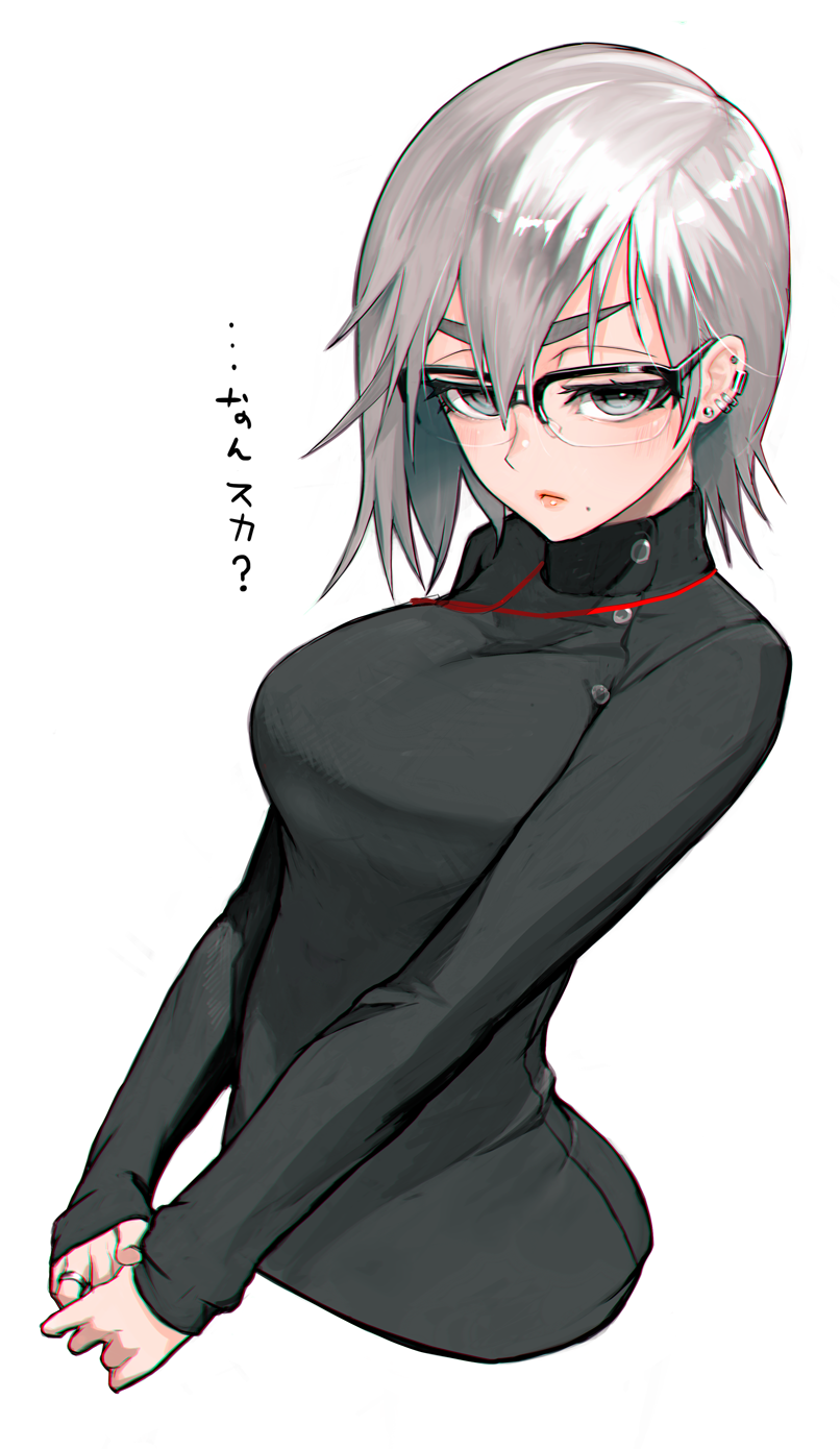 1girl asymmetrical_hair black_clothes blush commentary commentary_request earrings eyelashes glasses grey_eyes highres hiragana_(gomasyabu) jewelry long_sleeves looking_at_viewer mole multiple_earrings original ring short_hair silver_hair simple_background sketch solo white_background