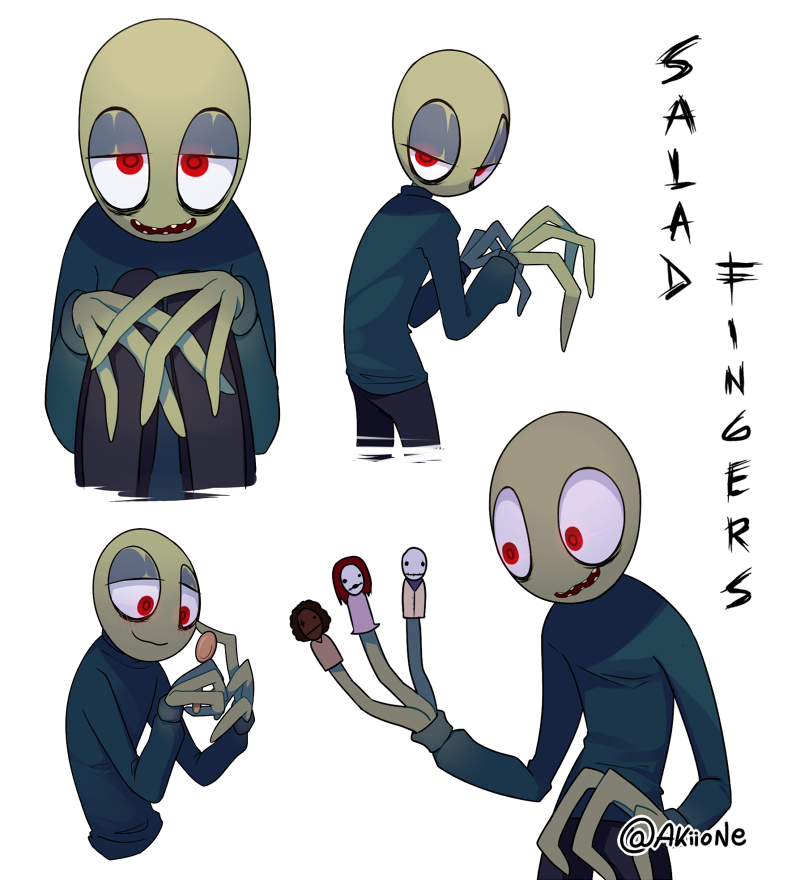 akiione finger_puppet glowing_eyes green_skin hubert_cumberdale humanoid jeremy_fisher long_fingers marjory_stewart-baxter red_eyes salad_fingers_(character) salad_fingers_(series) smile spoon