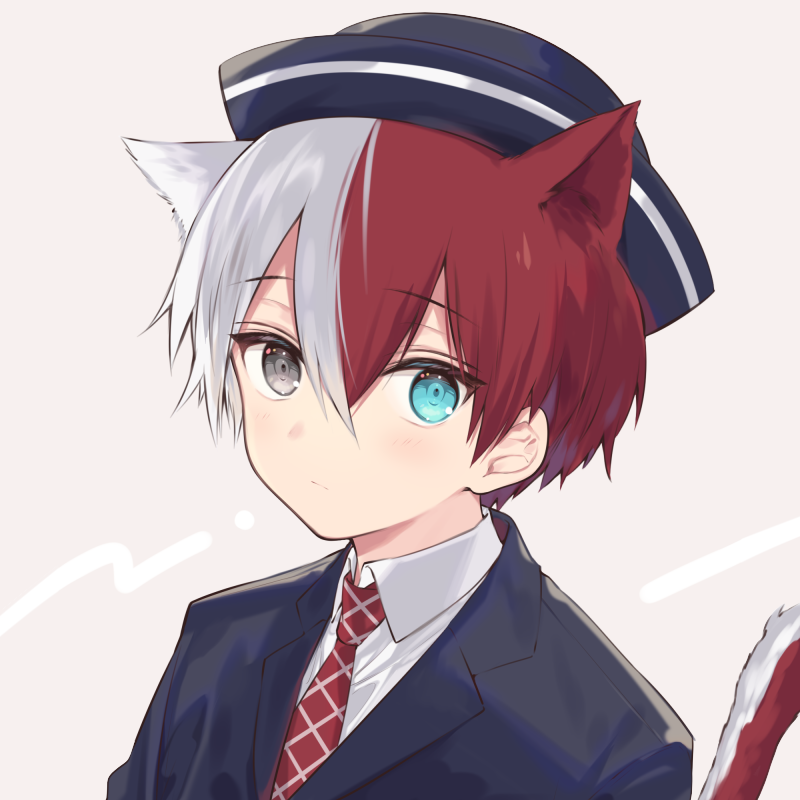 1boy animal_ears blazer blue_eyes blush boku_no_hero_academia cat_ears cat_tail child collared_shirt grey_eyes hair_between_eyes hat heterochromia jacket kemonomimi_mode looking_at_viewer male_focus multicolored_hair necktie necomi no_scar red_neckwear redhead shirt solo tail todoroki_shouto two-tone_hair upper_body white_hair white_shirt younger