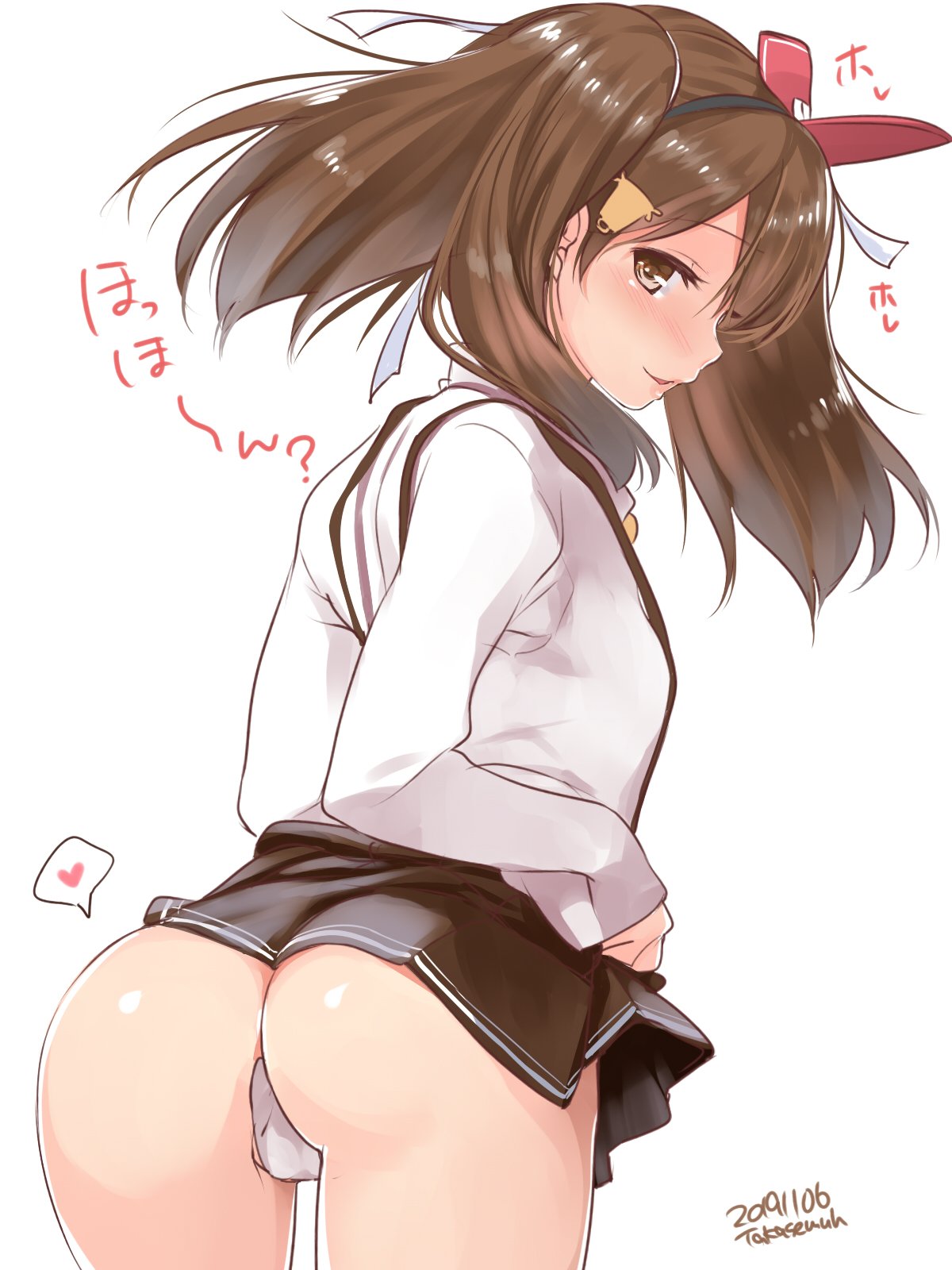 1girl ass blush brown_eyes brown_hair hat highres kantai_collection lifted_by_self long_hair looking_at_viewer open_mouth panties pleated_skirt ryuujou_(kantai_collection) shirt simple_background skirt smile solo suspender_skirt suspenders takase_muu translation_request twintails underwear visor_cap white_background white_panties white_shirt