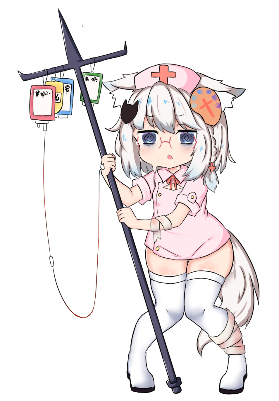 1girl @_@ animal_ear_fluff animal_ears bailingxiao_jiu bandaged_arm bandaged_leg bandages bangs blue_eyes boots braid collared_dress crying crying_with_eyes_open dress eyebrows_visible_through_hair full_body glasses hat highres intravenous_drip knees_together_feet_apart nurse nurse_cap original parted_lips pink_dress pink_headwear saliva short_sleeves side_braid silver_hair simple_background solo standing sweat tail tears thigh-highs thigh_boots white_background white_footwear white_legwear