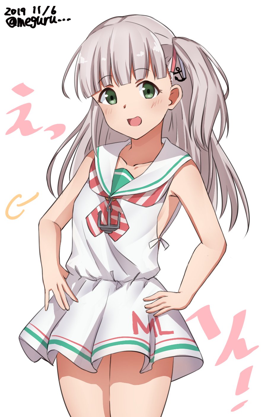 1girl anchor_hair_ornament anchor_necklace bangs blunt_bangs dated dress green_eyes hair_ornament hands_on_hips highres kantai_collection long_hair looking_at_viewer maestrale_(kantai_collection) meguru_(megurunn) neckerchief one_side_up sailor_dress silver_hair simple_background sleeveless sleeveless_dress solo standing striped striped_neckwear twitter_username white_background white_dress