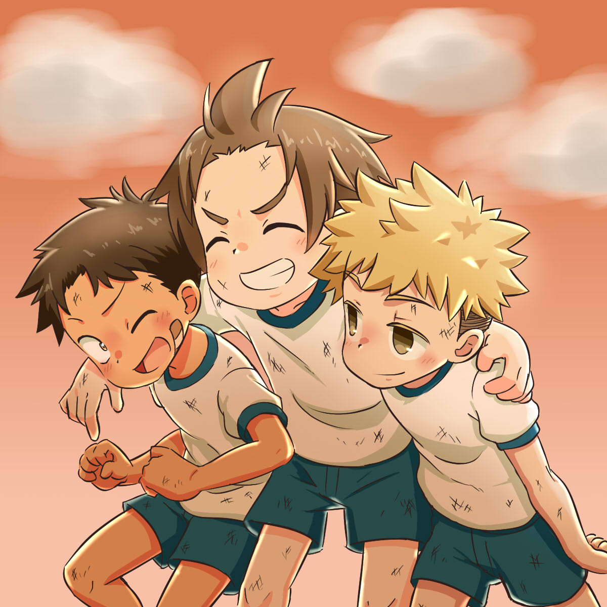 3boys arms_around_neck bandaid bandaid_on_face blonde_hair blush brown_eyes brown_hair closed_eyes dirty dirty_clothes dirty_face grin gym_uniform highres jqk male_focus multiple_boys original shorts smile sunset