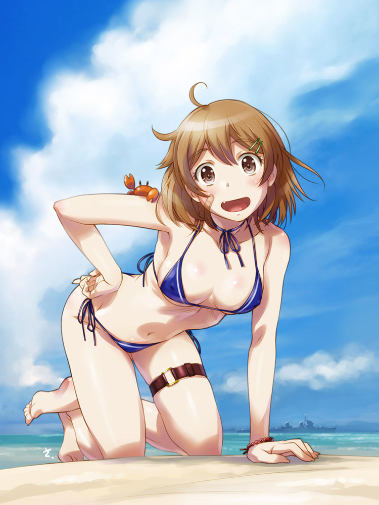 1girl 1other all_fours animal animal_on_shoulder bandaid bandaid_on_face barefoot beach bikini blue_bikini blue_sky breasts brown_eyes brown_hair clouds commentary_request crab_on_shoulder day fang kantai_collection looking_at_viewer oboro_(destroyer) oboro_(kantai_collection) outdoors sameha_ikuya ship short_hair side-tie_bikini skin_fang sky small_breasts smile swimsuit thigh_strap watercraft