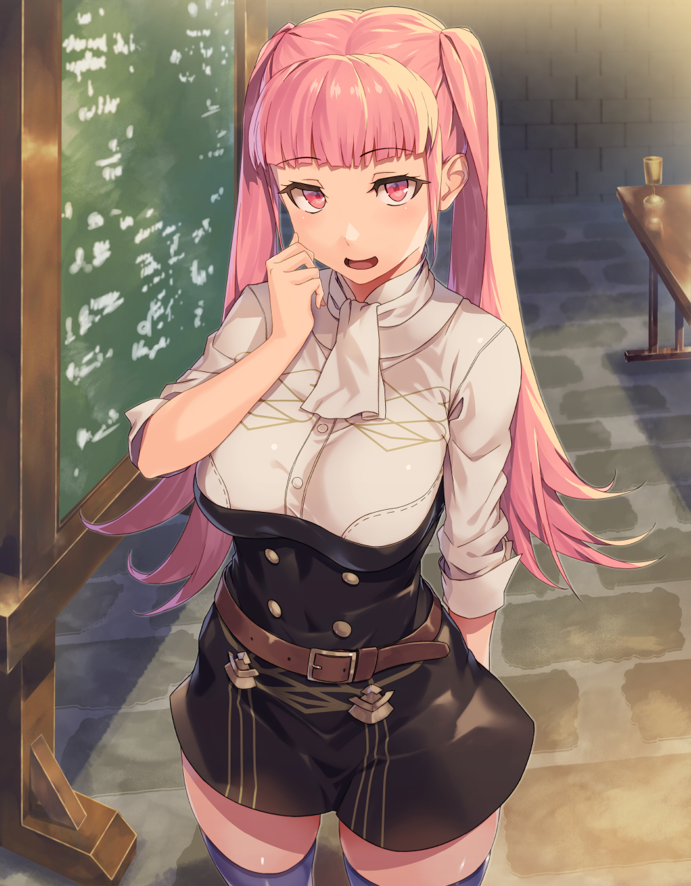 1girl belt belt_buckle black_legwear breasts buckle chalkboard commentary_request cup desk eyebrows_visible_through_hair fire_emblem fire_emblem:_three_houses garreg_mach_monastery_uniform hand_on_own_cheek hand_up highres hilda_valentine_goneril large_breasts long_hair looking_at_viewer open_mouth pink_eyes pink_hair school_uniform shinon_(tokage_shuryou) solo thigh-highs twintails very_long_hair zettai_ryouiki