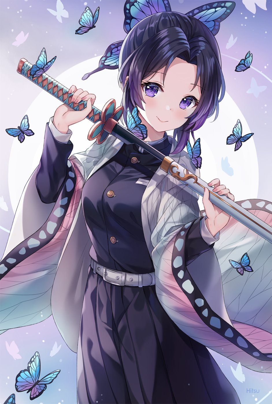 1girl animal bangs belt belt_buckle black_hair black_jacket black_pants blush breasts buckle bug butterfly butterfly_hair_ornament closed_mouth commentary eyebrows_visible_through_hair forehead gradient_hair hair_ornament hands_up highres hitsukuya holding holding_sheath holding_sword holding_weapon insect jacket katana kimetsu_no_yaiba kochou_shinobu long_sleeves looking_at_viewer multicolored_hair open_clothes pants parted_bangs purple_hair sheath small_breasts smile solo sword unsheathing violet_eyes weapon white_belt wide_sleeves