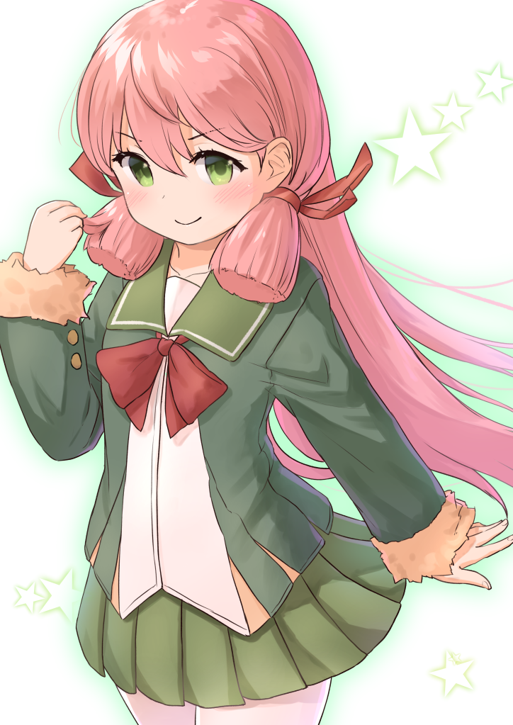 &gt;:) 1girl akashi_(kantai_collection) arm_at_side bangs blush bow clenched_hand closed_mouth cosplay_request cowboy_shot eyebrows_visible_through_hair fur-trimmed_sleeves fur_trim gradient gradient_background green_background green_eyes green_jacket green_skirt hair_ornament hair_ribbon jacket kantai_collection long_hair long_sleeves miniskirt open_clothes open_jacket pantyhose pink_hair pleated_skirt red_bow red_neckwear red_ribbon ribbon shirt skirt smile solo star tress_ribbon very_long_hair wamu_(chartreuse) white_legwear white_shirt