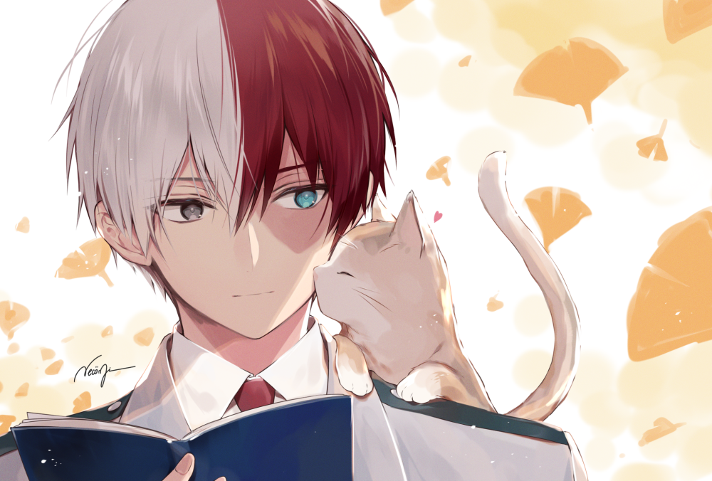 1boy animal animal_on_shoulder bangs blazer blue_eyes boku_no_hero_academia book burn_scar cat cat_on_shoulder cheek_kiss collared_shirt ginkgo_leaf grey_eyes hair_between_eyes heterochromia jacket kiss looking_at_another multicolored_hair necktie necomi open_book portrait red_neckwear redhead scar shirt todoroki_shouto two-tone_hair white_hair white_shirt