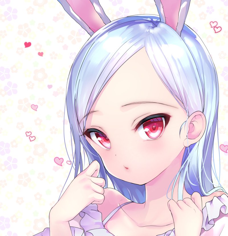 1girl animal_ears blue_hair close-up elin_(tera) emily_(pure_dream) face forehead hands heart long_hair rabbit_ears red_eyes solo tera_online upper_body