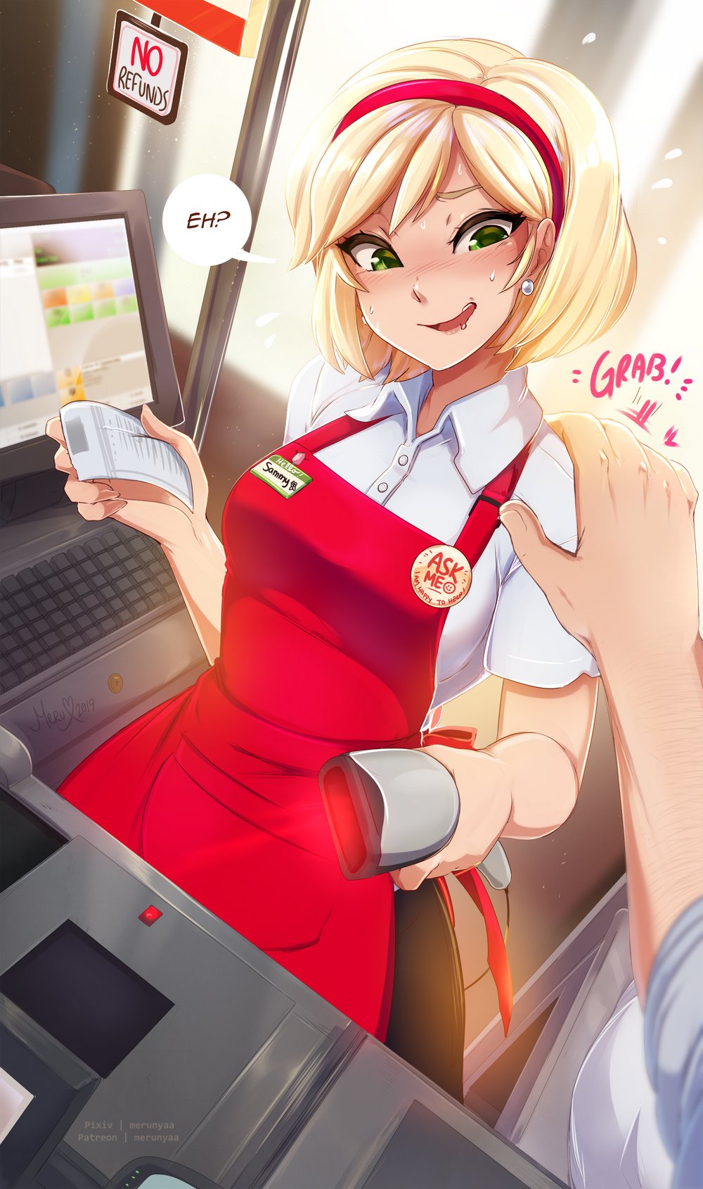 1boy 1girl :d apron arm_hair blonde_hair blush breasts cash_register cashier drooling earrings flying_sweatdrops green_eyes hairband highres jewelry merunyaa open_mouth original receipt scanner short_hair smile solo_focus