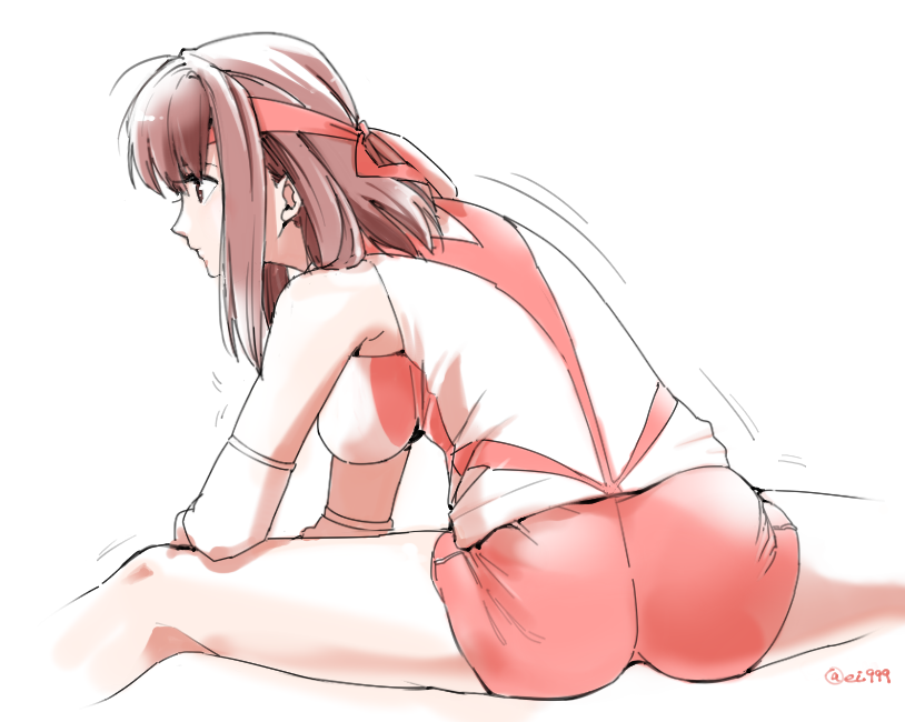 1girl ass bangs brown_eyes brown_hair closed_mouth commentary ei_(akinosakae) elbow_pads from_behind girls_und_panzer headband kondou_taeko leaning_to_the_side medium_hair motion_lines red_headband red_shirt red_shorts shirt short_shorts shorts simple_background single_vertical_stripe sleeveless sleeveless_shirt solo split sportswear stretch twitter_username volleyball_uniform white_background