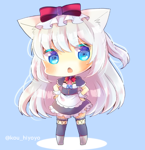 1girl american_flag american_flag_print animal_ear_fluff animal_ears apron azur_lane black_dress black_legwear blue_background blush bow cat_ears chibi commentary_request dress flag_print frilled_dress frills full_body grey_legwear hammann_(azur_lane) hands_on_hips kouu_hiyoyo long_hair looking_at_viewer one_side_up open_mouth print_neckwear puffy_short_sleeves puffy_sleeves red_bow short_sleeves silver_hair solo standing thigh-highs twitter_username very_long_hair waist_apron white_apron wrist_cuffs