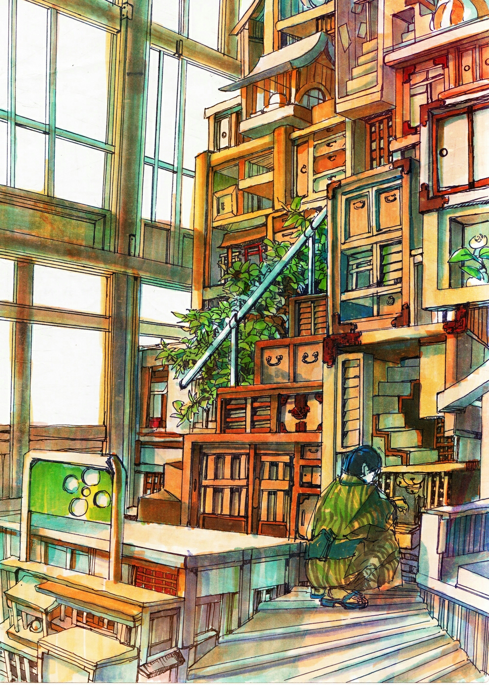 1boy altar blue_hair cabinet commentary_request flower green_kimono handlebar handrail highres indoors japanese_clothes ke_hare_kegare kimono original plant potted_plant sandals short_hair sliding_doors squatting stairs traditional_media watercolor_(medium) wide_shot window