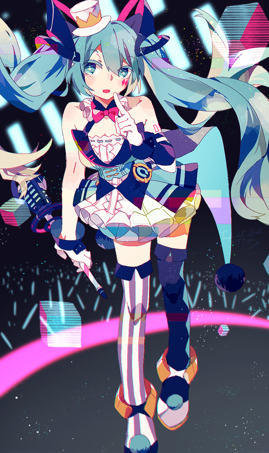 1girl aqua_eyes aqua_hair balloon cube diamond_(shape) hair_ornament hat hatsune_miku headphones highres holding holding_microphone holding_wand katatsumuririri long_hair magical_mirai_(vocaloid) megaphone microphone microphone_stand microphone_wand mini_hat mini_top_hat necktie number_tattoo short_necktie tattoo top_hat twintails very_long_hair vocaloid wand