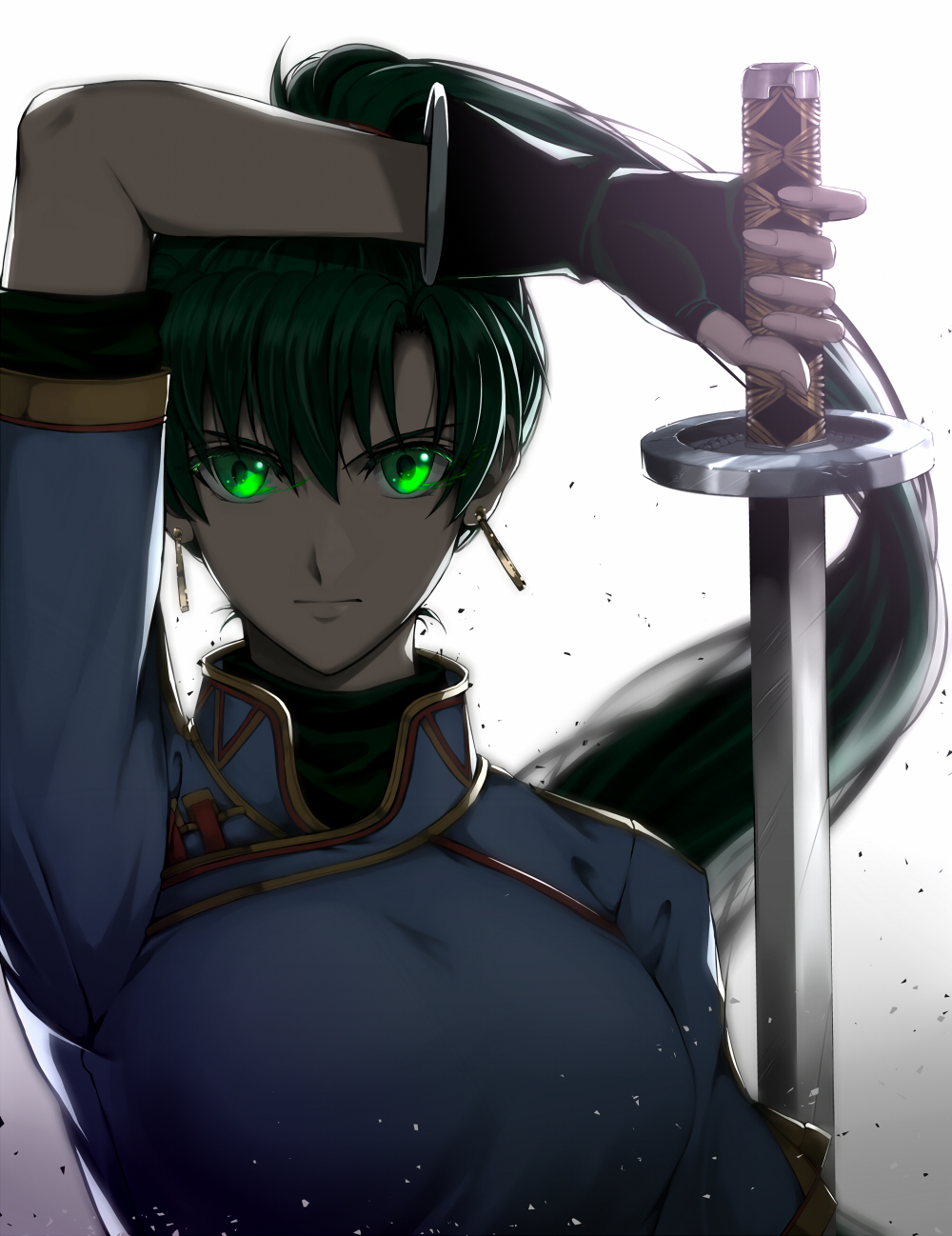 backlighting blue_dress delsaber dress earrings fingerless_gloves fire_emblem fire_emblem:_the_blazing_blade gloves glowing glowing_eyes green_eyes green_hair highres jewelry katana long_hair looking_at_viewer lyn_(fire_emblem) ponytail scratches sword weapon