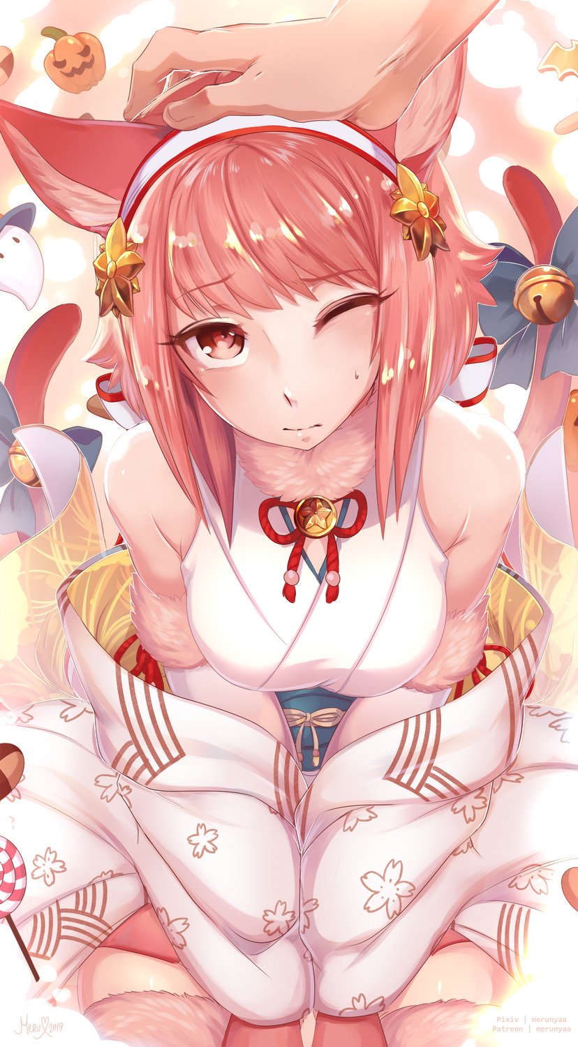 1girl animal_ear_fluff animal_ears bare_shoulders bell cat_ears cat_girl cat_tail commentary eyebrows_visible_through_hair fur_collar hair_ornament hairband hand_on_another's_head highres japanese_clothes jingle_bell merunyaa multiple_tails one_eye_closed original petting pov pov_hands red_eyes redhead solo_focus tail tail_bell two_tails