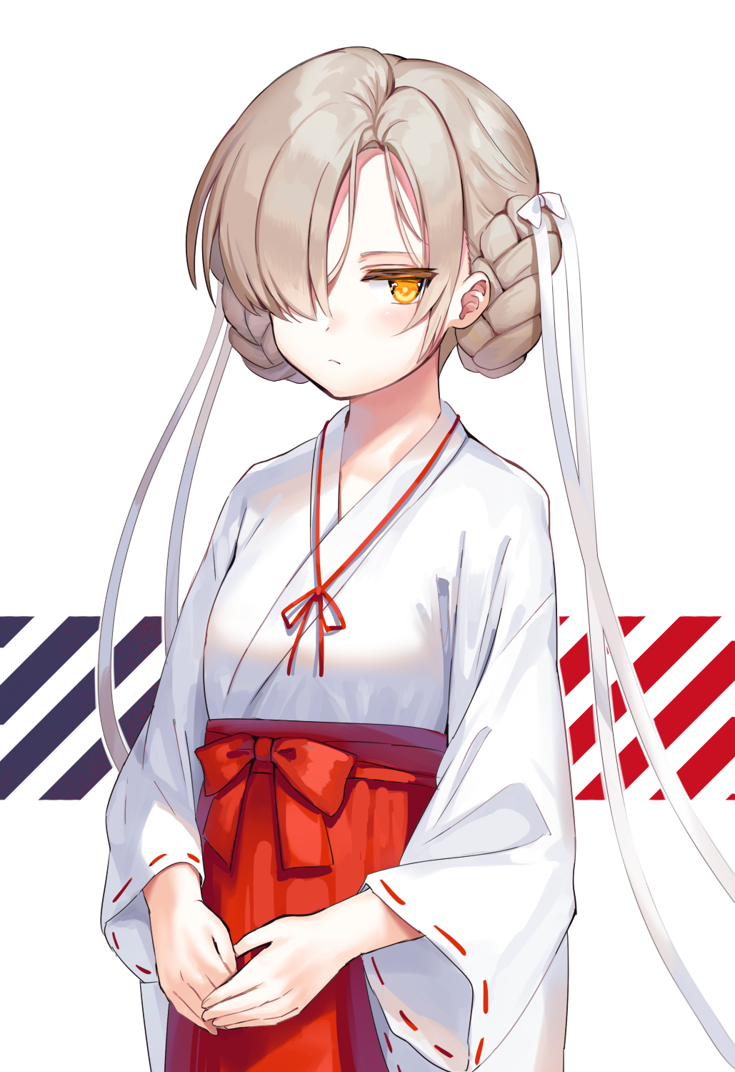 1girl alternate_costume azur_lane blonde_hair blush bow braid closed_mouth cowboy_shot expressionless hair_bow hair_over_one_eye hakama highres japanese_clothes kimono kiyosato0928 long_sleeves looking_at_viewer miko own_hands_together red_bow red_hakama ribbon-trimmed_sleeves ribbon_trim sheffield_(azur_lane) solo striped striped_background white_background white_bow white_kimono yellow_eyes