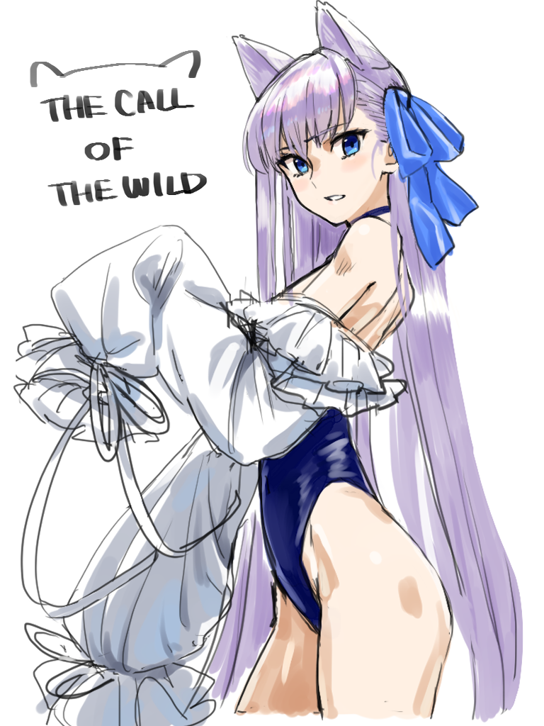 1girl animal_ears bangs bare_shoulders blue_eyes blue_ribbon blue_swimsuit blush breasts cat_ears choker covered_navel fate/grand_order fate_(series) frills hair_between_eyes highleg highleg_swimsuit long_hair long_sleeves looking_at_viewer meltryllis meltryllis_(swimsuit_lancer)_(fate) michihasu one-piece_swimsuit parted_lips paw_pose puffy_sleeves purple_hair ribbon simple_background sleeves_past_fingers sleeves_past_wrists small_breasts swimsuit very_long_hair white_background