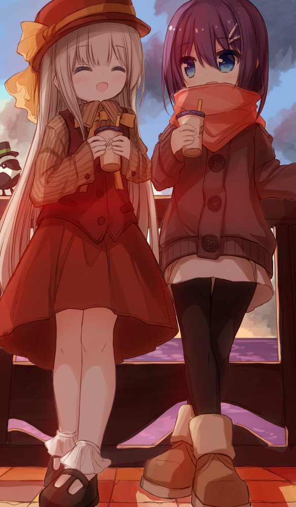 2girls :d ^_^ animal bangs bird black_footwear black_headwear black_legwear blue_eyes blue_sky blush bobby_socks boots bow brown_footwear brown_headwear brown_jacket brown_scarf brown_skirt brown_vest closed_eyes clouds cloudy_sky collared_shirt commentary_request crossed_legs cup disposable_cup drinking_straw eyebrows_visible_through_hair grey_hair grey_shirt hair_between_eyes hair_ornament hairclip hat holding holding_cup horizon jacket long_hair multiple_girls ocean open_mouth original pantyhose purple_hair railing scarf shirt shoes skirt sky smile socks standing striped striped_shirt vertical-striped_shirt vertical_stripes very_long_hair vest water white_legwear white_skirt yellow_bow yuuhagi_(amaretto-no-natsu)