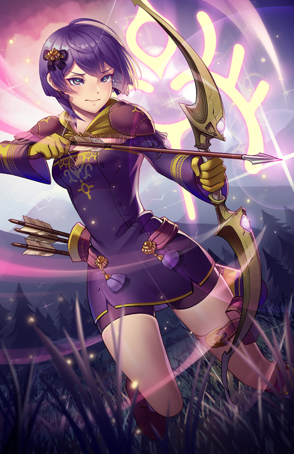 1girl arrow bernadetta_von_varley bike_shorts bow_(weapon) closed_mouth dress earrings fire_emblem fire_emblem:_three_houses gloves grass hair_ornament holding holding_arrow holding_bow_(weapon) holding_weapon jewelry kaijuicery long_sleeves purple_hair quiver short_dress short_hair solo tree weapon yellow_gloves