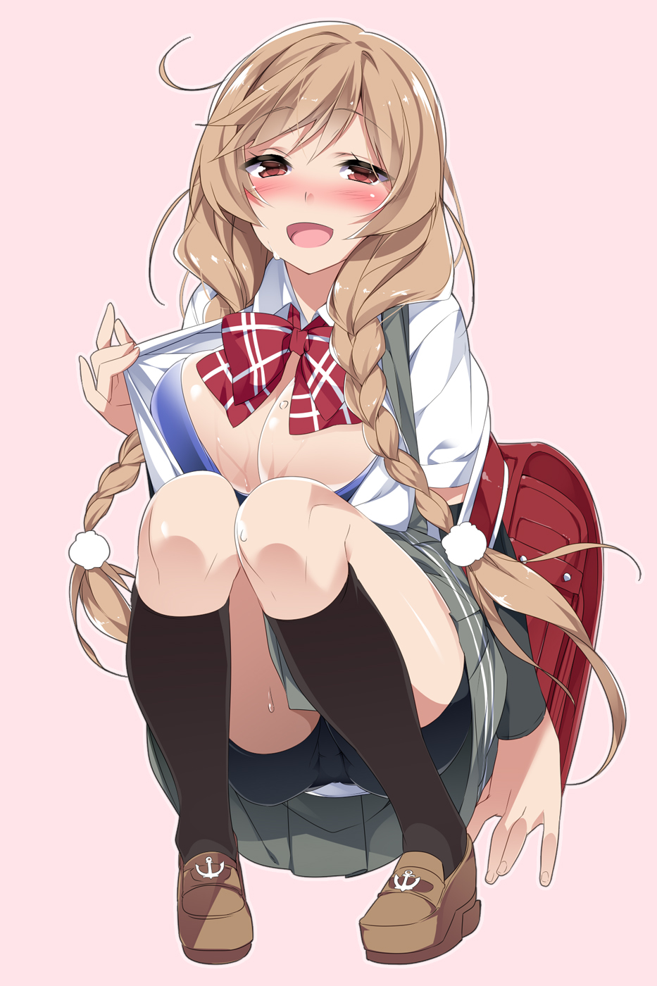 1girl :d arm_warmers backpack bag bike_shorts black_legwear black_shorts blush bow bowtie braid breasts brown_footwear eyebrows_visible_through_hair fingernails grey_skirt highres kantai_collection kneehighs large_breasts light_brown_hair long_hair minegumo_(kantai_collection) mtu_(orewamuzituda) open_clothes open_mouth open_shirt pink_background plaid_neckwear pleated_skirt randoseru red_bow red_eyes shirt shoes short_sleeves shorts shorts_under_skirt simple_background single_braid skirt smile solo white_shirt