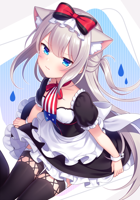 1girl amane_kurumi animal_ear_fluff animal_ears apron azur_lane bangs black_dress black_legwear blue_eyes blush bow cat_ears closed_mouth commentary_request dress eyebrows_visible_through_hair frilled_apron frilled_dress frills grey_hair hair_bow hammann_(azur_lane) long_hair looking_at_viewer one_side_up puffy_short_sleeves puffy_sleeves red_bow short_sleeves sitting solo striped tears thigh-highs vertical_stripes very_long_hair waist_apron water_drop white_apron wrist_cuffs