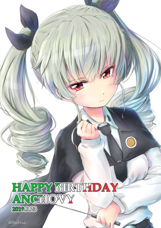 1girl anchovy anzio_school_uniform bangs black_cape black_neckwear black_ribbon blush buchikaki cape character_name clenched_hand closed_mouth colored_text commentary dated dress_shirt drill_hair dutch_angle english_text flag_print frown girls_und_panzer green_hair hair_ribbon half-closed_eyes hand_in_hair happy_birthday holding italian_flag long_hair long_sleeves looking_at_viewer necktie red_eyes ribbon riding_crop school_uniform shirt simple_background solo twin_drills twintails twitter_username white_background white_shirt