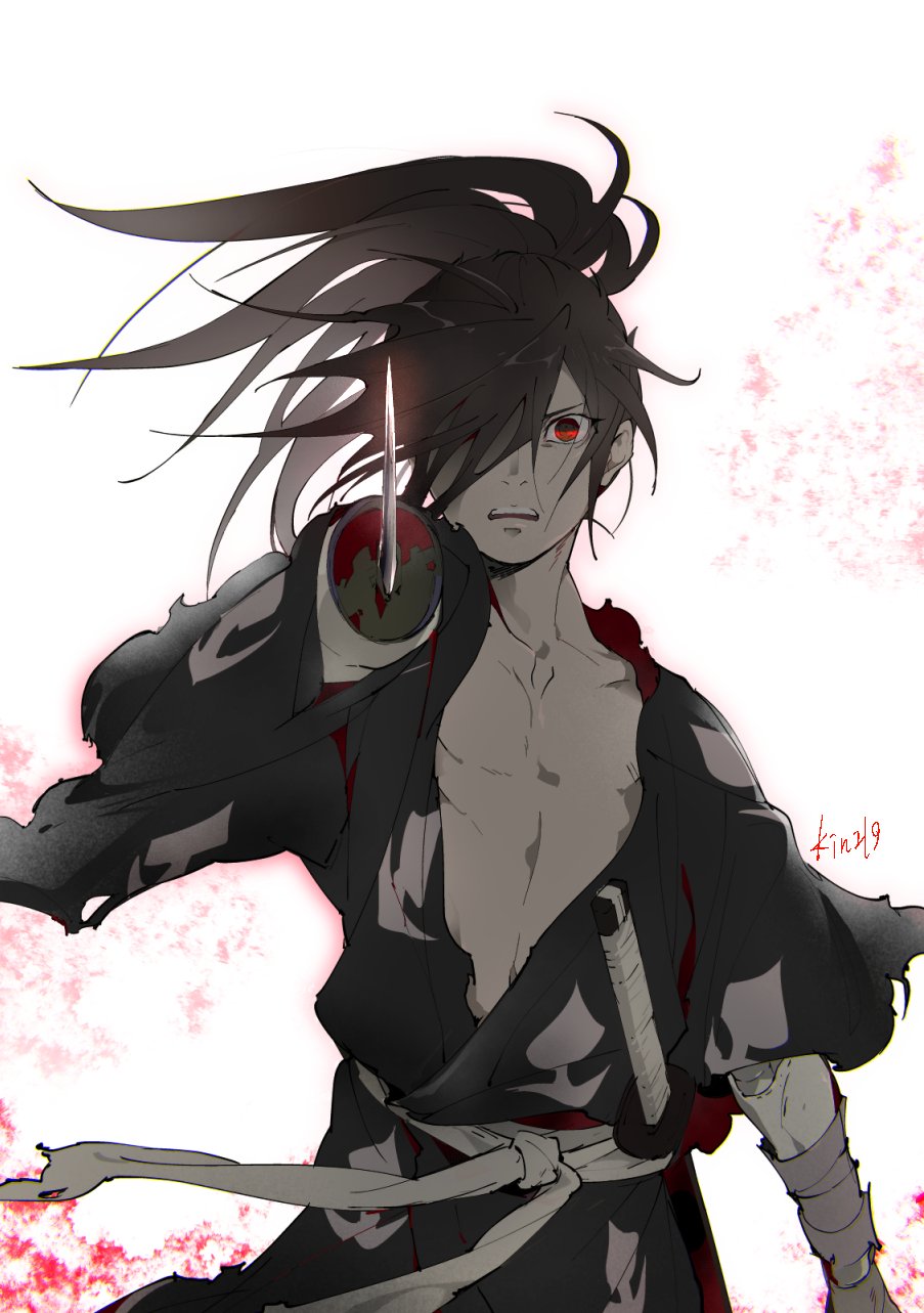 1boy amputee bandages black_hair blood dororo_(tezuka) hair_over_one_eye highres hyakkimaru_(dororo) japanese_clothes katana kimono kon_(kin219) long_hair looking_at_viewer male_focus pointing_sword ponytail prosthesis prosthetic_arm red_eyes sheath signature simple_background solo sword weapon