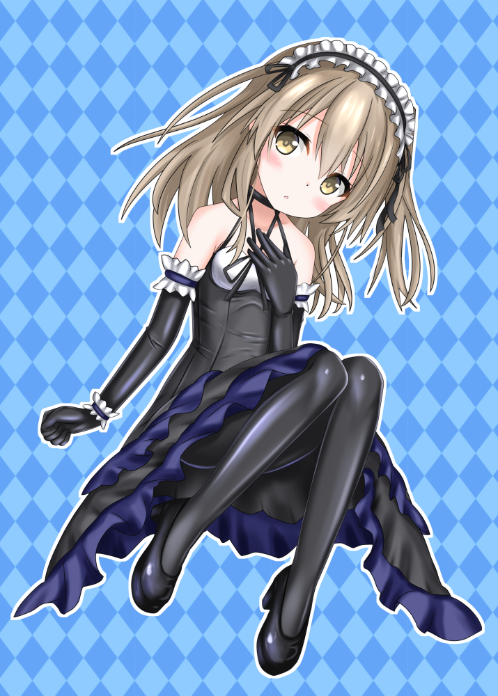 1girl argyle argyle_background arm_garter bangs black_dress black_footwear black_gloves black_legwear blue_background dress elbow_gloves eyebrows_visible_through_hair floating frilled_dress frills girls_und_panzer gloves hairband hand_on_own_chest head_tilt high_heels langley1000 layered_dress legs_up light_brown_eyes light_brown_hair lolita_hairband long_hair looking_at_viewer medium_dress one_side_up pantyhose parted_lips shimada_arisu sleeveless sleeveless_dress solo wristband