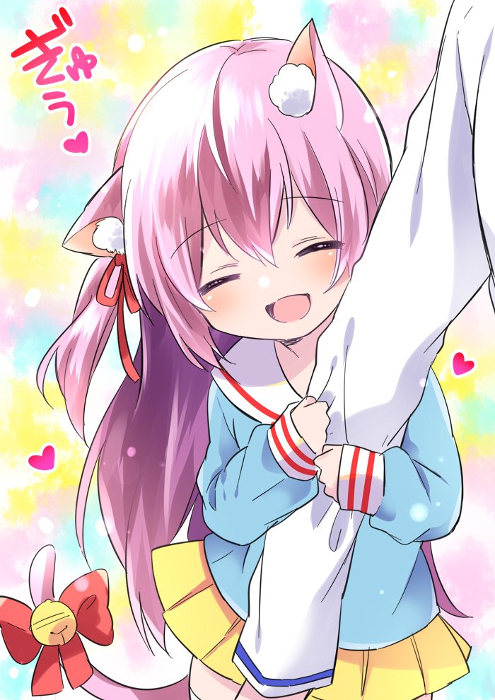 1girl 1other animal_ear_fluff animal_ears arm_grab arm_hug azur_lane bell blue_shirt cat_ears cat_tail closed_eyes heart hug jingle_bell kindergarten_uniform kisaragi_(azur_lane) long_hair open_mouth pink_hair pone ribbon shirt side_ponytail skirt smile tail tail_ornament tail_ribbon thigh-highs white_legwear yellow_skirt