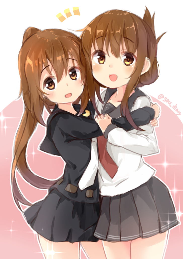 2girls :d bangs black_sailor_collar black_serafuku black_shirt black_skirt blush brown_eyes brown_hair commentary_request crescent crescent_moon_pin eyebrows_visible_through_hair folded_ponytail fumizuki_(kantai_collection) grey_sailor_collar grey_skirt hair_between_eyes hug inazuma_(kantai_collection) kantai_collection long_hair long_sleeves multiple_girls necktie open_mouth pink_background pleated_skirt ponytail red_neckwear sailor_collar school_uniform serafuku shirt skirt smile sou_(soutennkouchi) sparkle twitter_username two-tone_background very_long_hair white_background white_neckwear white_shirt