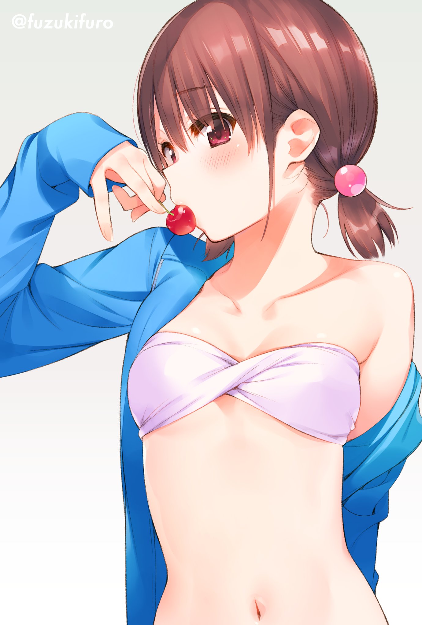 1girl arm_up bandeau bangs bikini blue_jacket blush brown_hair cherry collarbone commentary_request copyright_request eating eyebrows_visible_through_hair flat_chest food fruit fuzuki_fuuro gradient gradient_background grey_background highres holding holding_food holding_fruit jacket long_sleeves low_twintails navel off_shoulder open_clothes open_jacket pink_bikini red_eyes short_hair short_twintails single_bare_shoulder sleeves_past_wrists solo stomach strapless strapless_bikini swimsuit twintails twitter_username upper_body