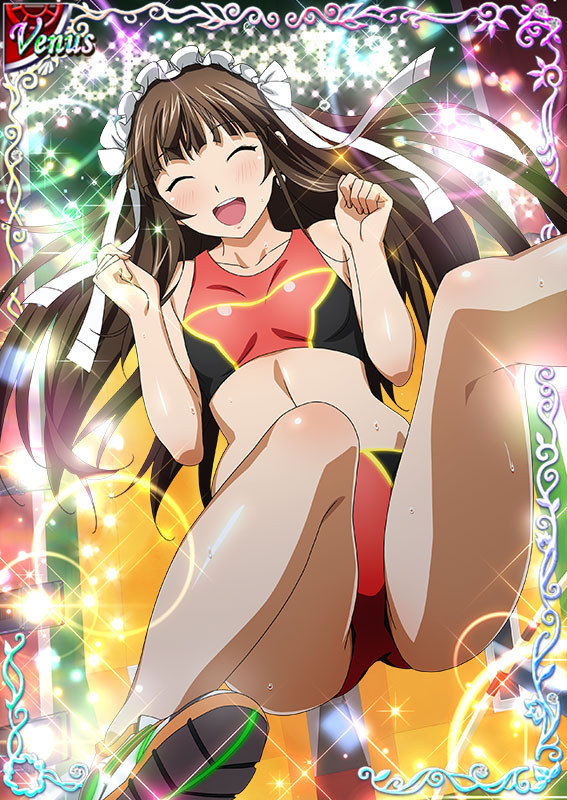 1girl :d bangs blush bra breasts brown_hair buruma card_(medium) closed_eyes collarbone eyebrows_visible_through_hair facing_viewer floating_hair from_above headdress ikkitousen jumping long_hair midriff open_mouth red_bra red_buruma shiny shiny_hair shiny_skin shoes small_breasts smile sneakers solo sports_bra stomach sweat ten'i_(ikkitousen) underwear very_long_hair