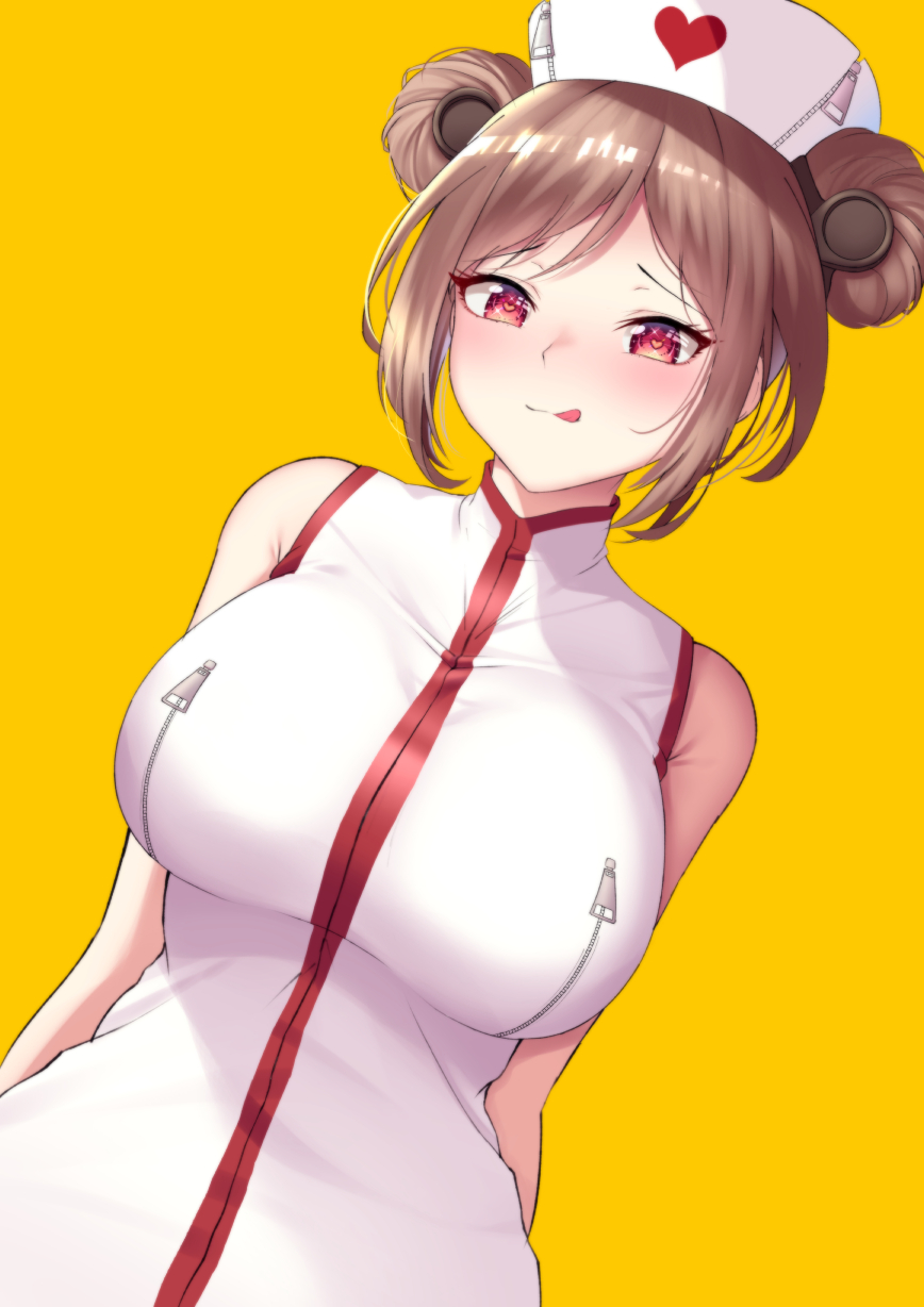 1girl :q arms_behind_back bare_shoulders blush brown_hair closed_eyes dearonnus double_bun dress dutch_angle girls_frontline hat heart heart-shaped_pupils highres nurse nurse_cap p90_(girls_frontline) parted_lips red_eyes short_hair simple_background sleeveless sleeveless_dress smile solo symbol-shaped_pupils tongue tongue_out upper_body white_dress yellow_background zipper zipper_pull_tab