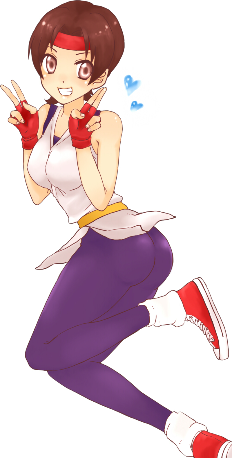 king_of_fighters peace_sign smile sneakers yuri_sakazaki