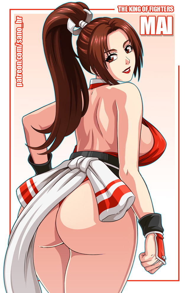 1girl arm_guards ass back bangs bare_shoulders breasts brown_eyes brown_hair english_commentary fatal_fury from_behind grin high_ponytail looking_back ninja obi parted_bangs pelvic_curtain ponytail revealing_clothes rope sano_br sash shiranui_mai sideboob smile the_king_of_fighters thighs