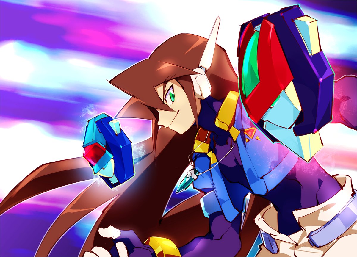 1boy amulet bangs blue_jacket bodysuit bracelet brown_hair earmuffs gloves green_eyes jacket jewelry kon_(kin219) livemetal long_hair male_focus model_x model_z necklace pants robot_ears rockman rockman_zx shorts smile solo spandex vent white_pants