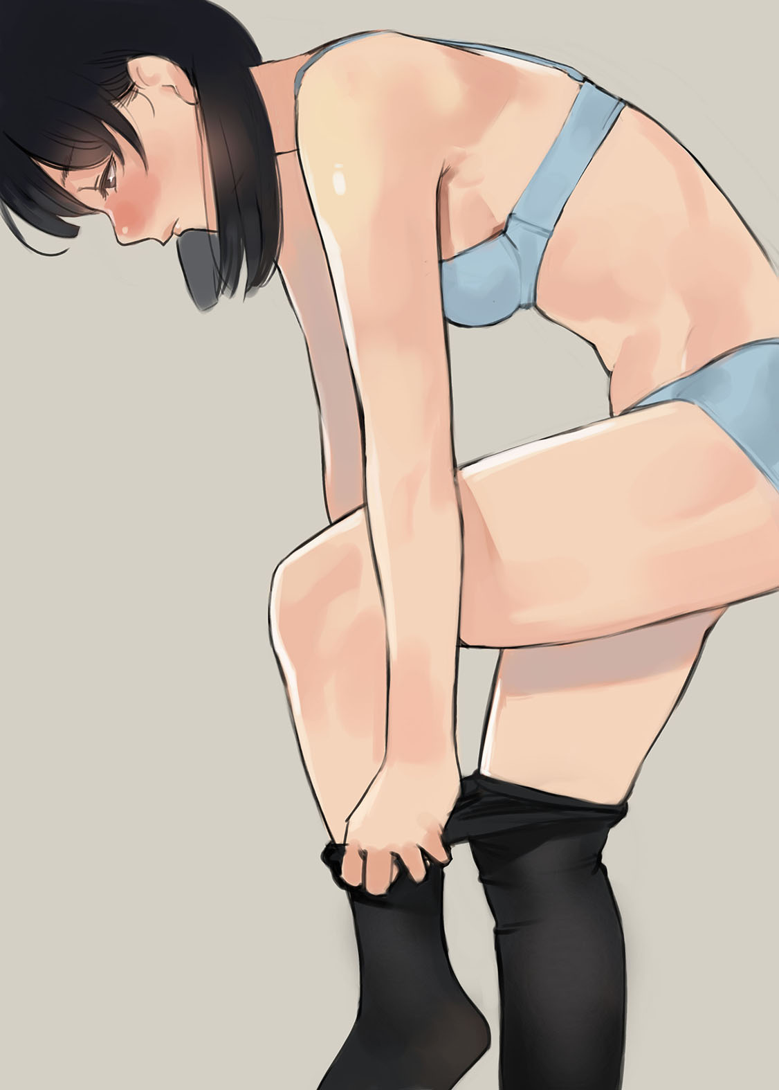 1girl black_legwear blue_bra blue_panties bra breasts dressing highres leaning_forward lips looking_down original panties pantyhose short_twintails small_breasts solo standing standing_on_one_leg stomach twintails underwear underwear_only yomu_(sgt_epper)