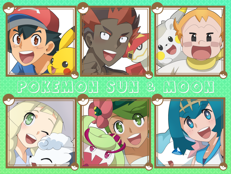 alolan_vulpix kaki_(pokemon) lillie_(pokemon) mamane_(pokemon) mallow_(pokemon) pikachu pokemon pokemon_(anime) pokemon_sm_(anime) primarina satoshi_(pokemon) suiren_(pokemon) togedemaru tsareena turtonator