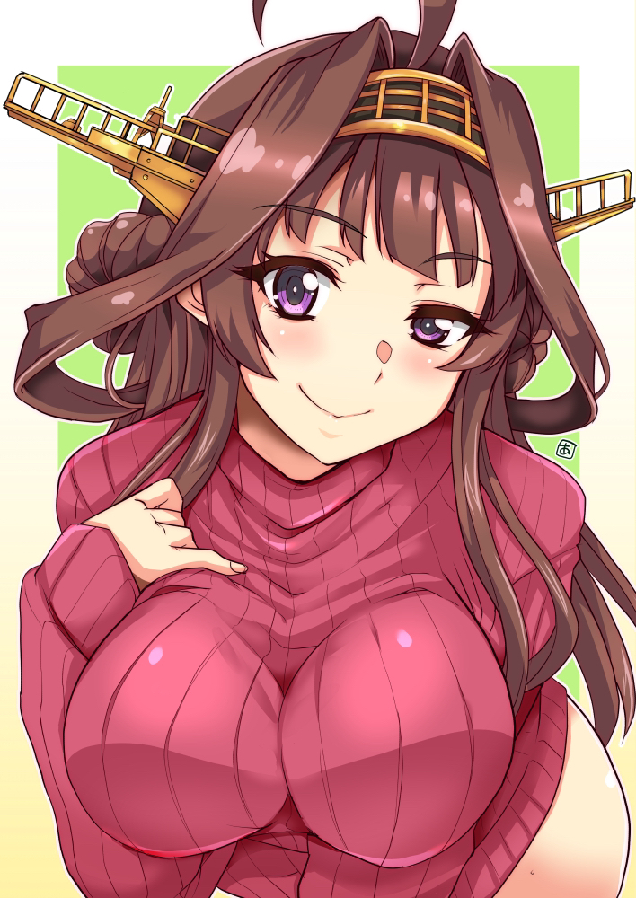 1girl ahoge alternate_costume aoi_manabu brown_hair double_bun hairband headgear kantai_collection kongou_(kantai_collection) long_hair long_sleeves looking_at_viewer red_sweater smile solo sweater upper_body violet_eyes