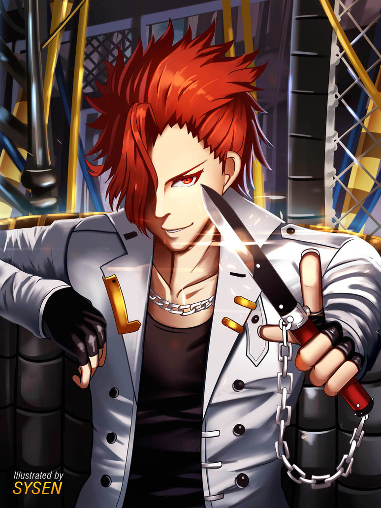 1boy artist_name black_gloves black_shirt chain chain_necklace copyright_request fingerless_gloves gloves hair_over_one_eye holding holding_knife index_finger_raised indoors jacket knife looking_at_viewer male_focus red_eyes redhead shirt solo standing sysen white_jacket