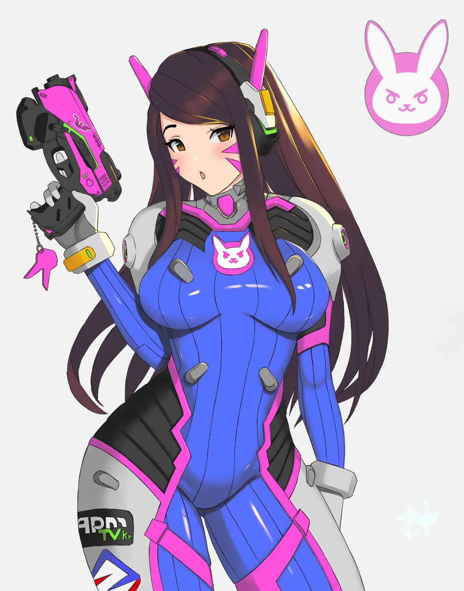 1girl animal_print arm_at_side bangs blue_bodysuit blush bodysuit breasts brown_eyes brown_hair bunny_print charm_(object) clothes_writing contrapposto cowboy_shot d.va_(overwatch) facepaint facial_mark finger_on_trigger gloves grey_background gun handgun headphones highres holding holding_gun holding_weapon long_hair looking_at_viewer medium_breasts open_mouth overwatch pilot_suit pistol ribbed_bodysuit shiny shiny_clothes shoulder_pads simple_background skin_tight snvass3 solo swept_bangs weapon whisker_markings white_gloves