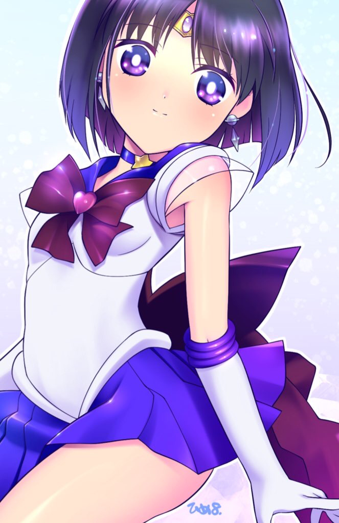 1girl back_bow bishoujo_senshi_sailor_moon black_hair bob_cut bow brooch choker circlet closed_mouth cowboy_shot earrings elbow_gloves gloves himewachi jewelry looking_at_viewer magical_girl out_of_frame pleated_skirt purple_bow purple_neckwear purple_sailor_collar purple_skirt sailor_collar sailor_saturn sailor_senshi_uniform short_hair signature skirt smile solo star star_choker super_sailor_saturn tomoe_hotaru violet_eyes white_gloves