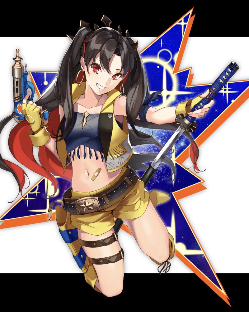 1girl akamiso_(k074510) bandaid belt black_hair boots breasts crown fate/grand_order fate_(series) fingerless_gloves gloves grin gun holding holding_gun holding_sword holding_weapon holster katana long_hair looking_at_viewer midriff navel red_eyes redhead sheath shorts sleeveless smile solo space_ishtar_(fate) sword thigh_strap unsheathing very_long_hair weapon yellow_gloves