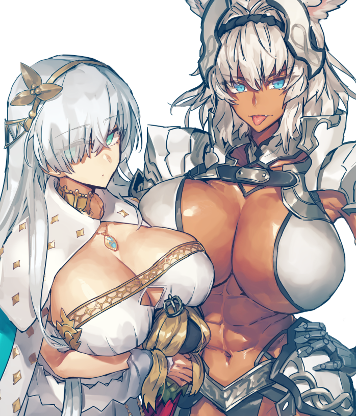 2girls abs anastasia_(fate/grand_order) animal_ears blue_eyes breasts caenis_(fate) cape dark_skin doll fate/grand_order fate_(series) hair_over_one_eye hairband hand_on_hip huge_breasts jewelry large_breasts long_hair melon22 multiple_girls muscle muscular_female pendant silver_hair tongue tongue_out white_hair