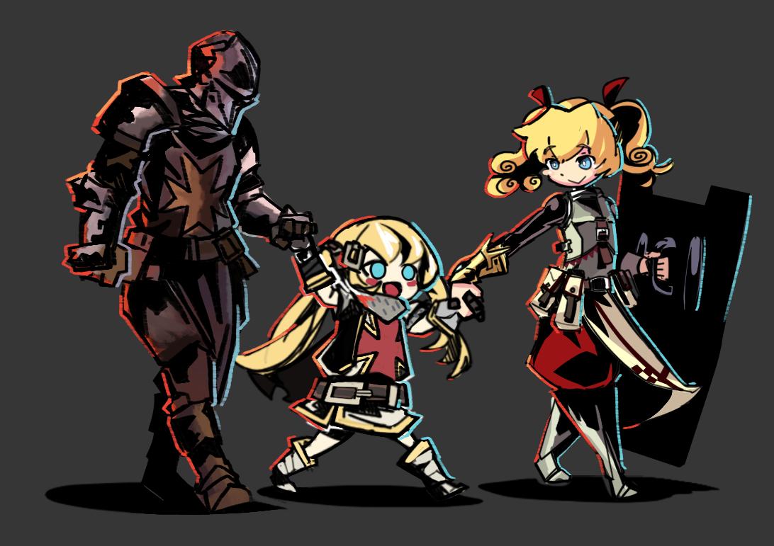 1boy 2girls armor armored_boots armored_gloves belt belt_buckle blonde_hair blue_eyes blush boots buckle cape chromatic_aberration crossover crusader_(darkest_dungeon) darkest_dungeon family father_and_daughter fortress_(sekaiju) full_armor gloves grey_background helmet holding_hands long_hair mistover mother_and_daughter multiple_girls paladin_(mistover) pelvic_curtain pouch ribbon richard_catoto sekaiju_no_meikyuu sekaiju_no_meikyuu_4 shield simple_background smile tabard twintails